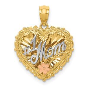 14k Tri Color Gold #1 Mom Reversible Heart Pendant, 18mm
